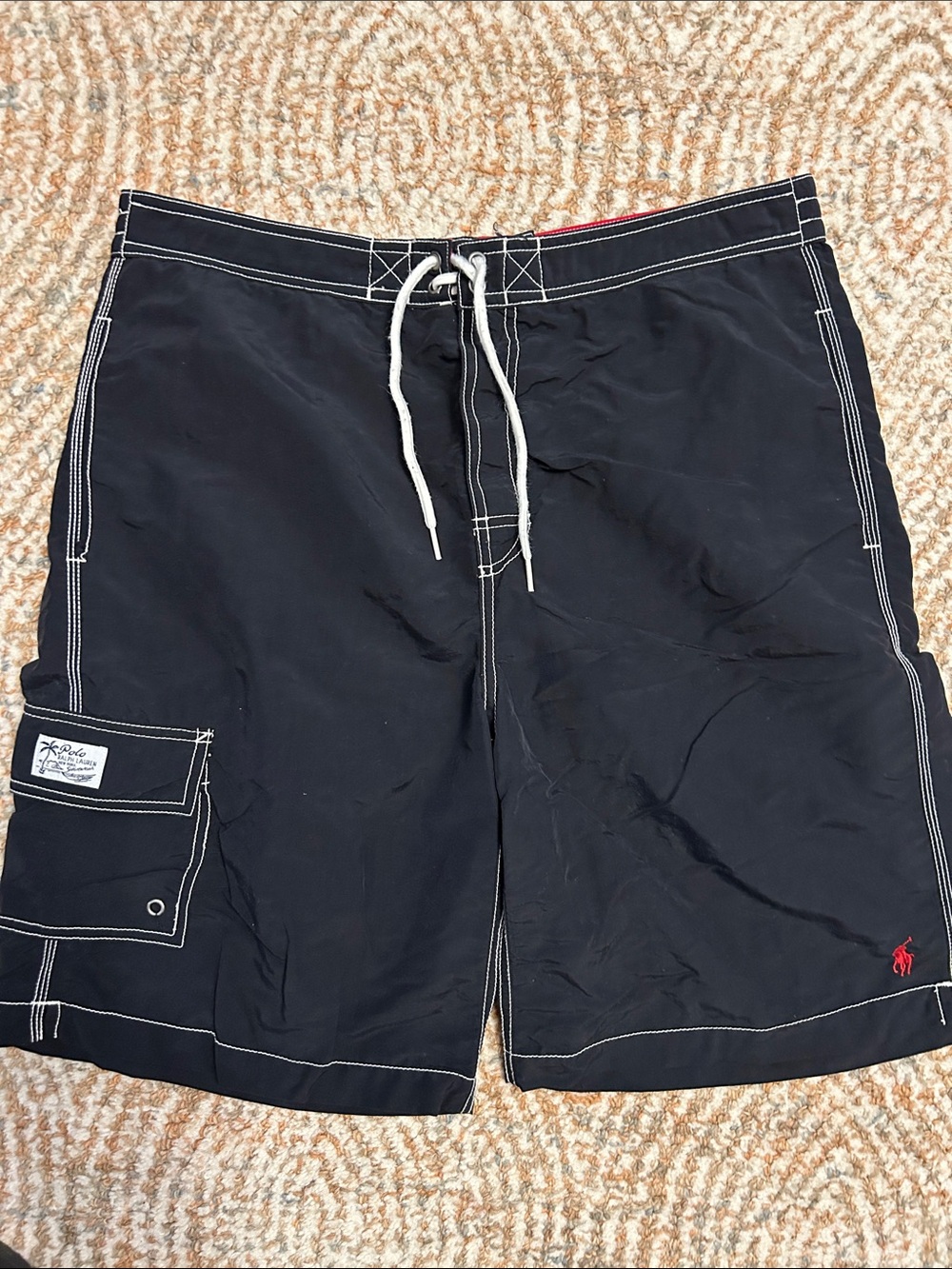 Polo by Ralph Lauren Black Swim Board Shorts with White Stitching